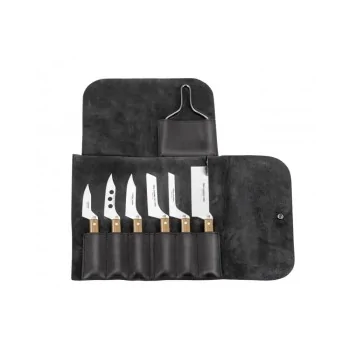 Claude Dozorme Leather Pouch Set of 6 – Cheese Knives & Wire Cutter, Olive Wood Handles