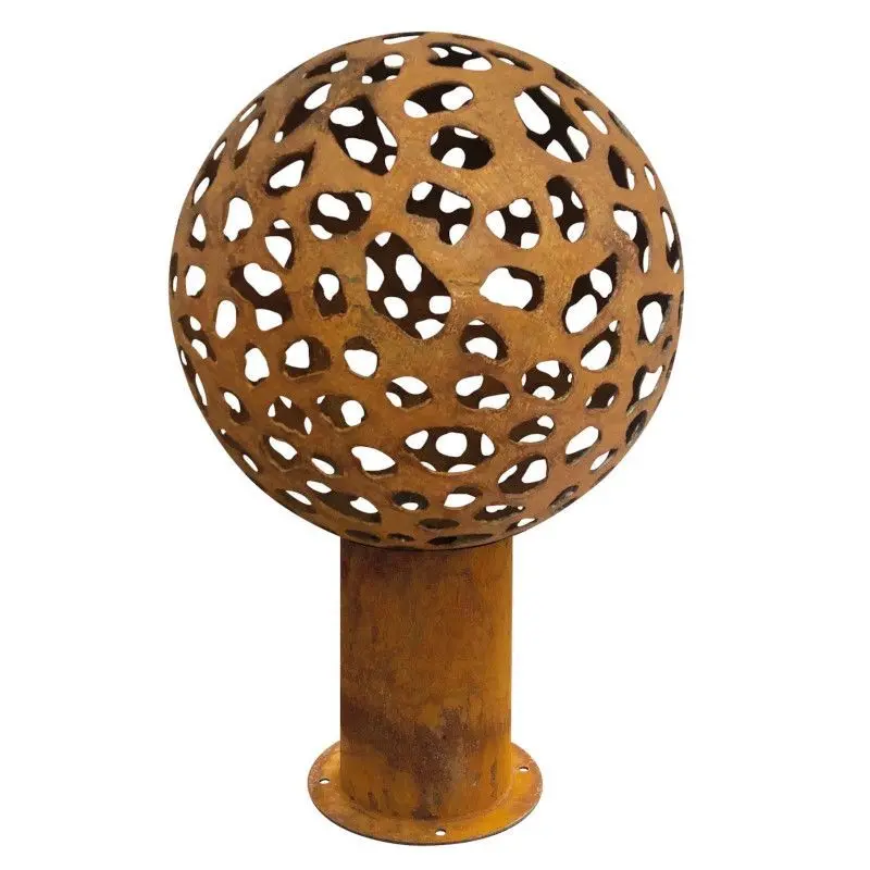 Atlantis Collection Decorative Sphere With High Stand Moon Design - Corten Steel - Dia: 50 h 80 cm