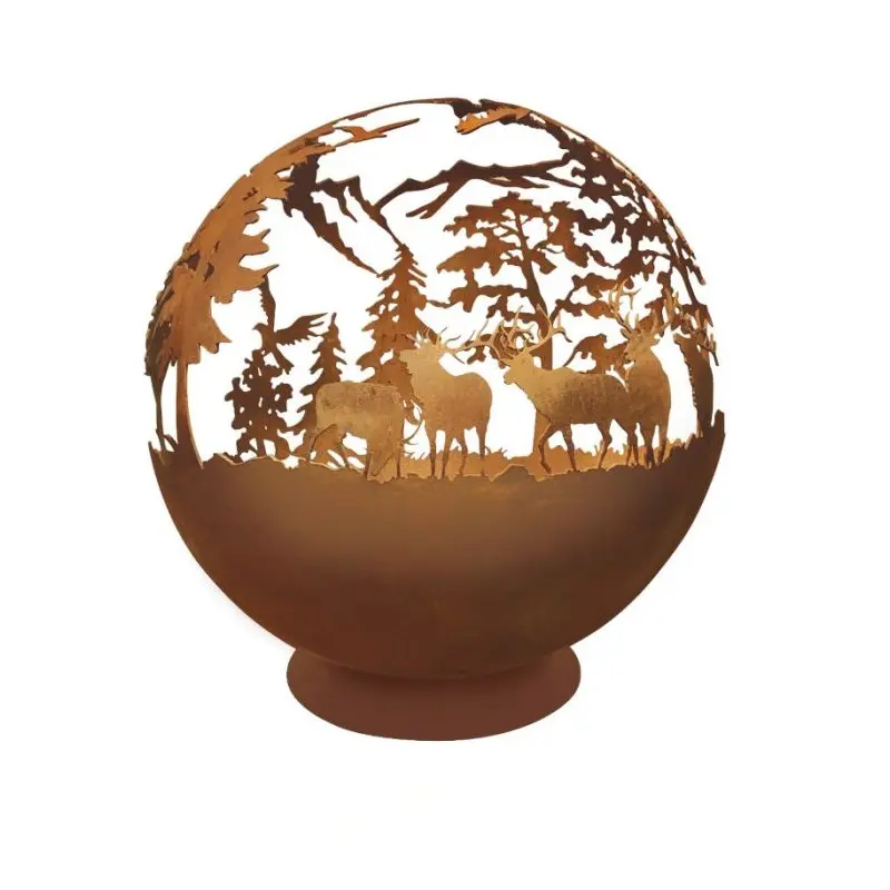 Atlantis Collection Fire Pit With Small Stand Forest Design - Corten Steel - Dia: 60 h 60 cm