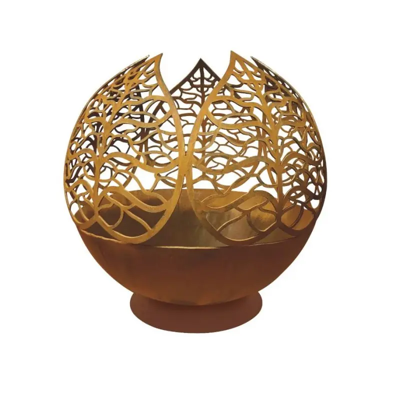 Atlantis Collection Fire Pit With Small Stand Leaves Design - Corten Steel - Dia: 60 h 60 cm