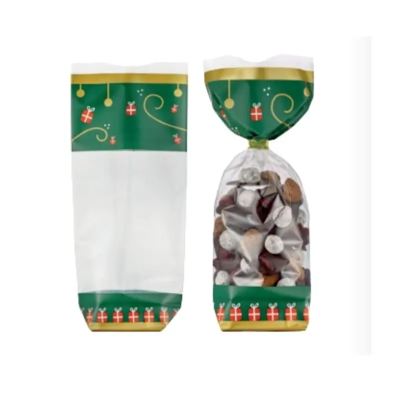 Clear Cellophane Christmas Candy and Chocolate Bags with Gift Print - 260mm x 120mm - 100pcs
