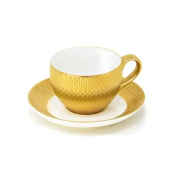 Deras Collection Gold Finish Coffee Cup With Saucer - Porcelain - set of 4 - Cup: 8cl - 6.5 x 9 h 4.5 cm, Saucer: Dia: 1