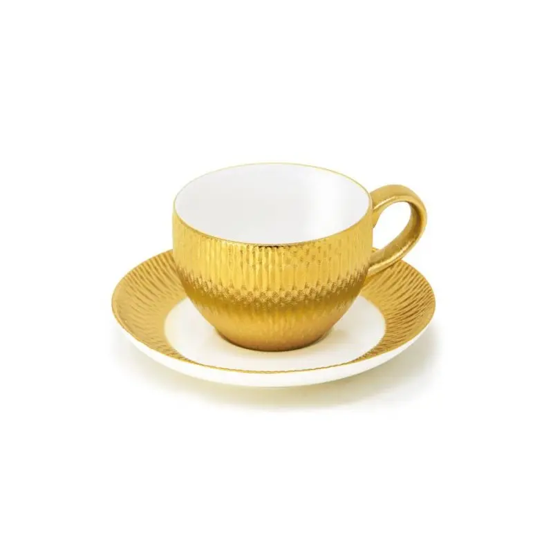 Deras Collection Gold Finish Tea Cup With Saucer - Porcelain - set of 4 - Cup: 20cl - 12 x 8.5 h 7, Saucer: Dia: 14 h 2.
