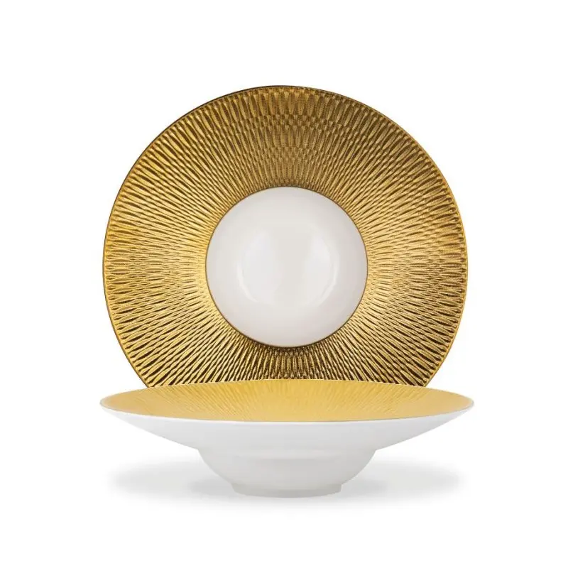 Deras Collection Gold Finish Pasta Bowl - Porcelain - set of 3 - Dia: 24 - int Dia: 10.5 - h 6 cm Deras Collection Gold Finish Pasta Bowl - Porcelain - set of 3 - Dia: 24 - int Dia: 10.5 - h 6 cm
