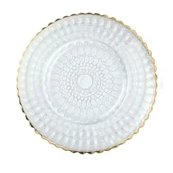 Helios Collection Barocco Design With Gold Rim Dinner Plate - Glass - set of 6 - Dia: 26.5 cm