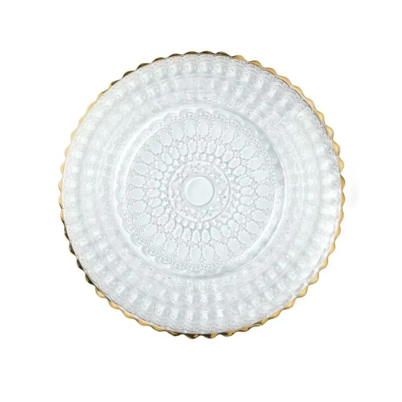 Helios Collection Barocco Design With Gold Rim Dinner Plate - Glass - set of 6 - Dia: 26.5 cm
