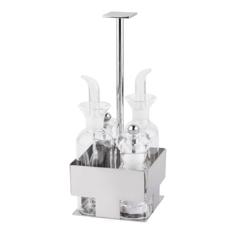 Gold Plated Condiment Set With Glass Cruets and Plexiglass Salt and Pepper - 9.5 x 9.5 cm H: 24 cm Gold Plated Condiment Set With Glass Cruets and Plexiglass Salt and Pepper - 9.5 x 9.5 cm H: 24 cm