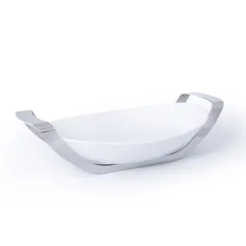 Polished Black Oval Porcelain Dish With Stainless Steel Holder - 35 X 25.5 H: 6.5 cm