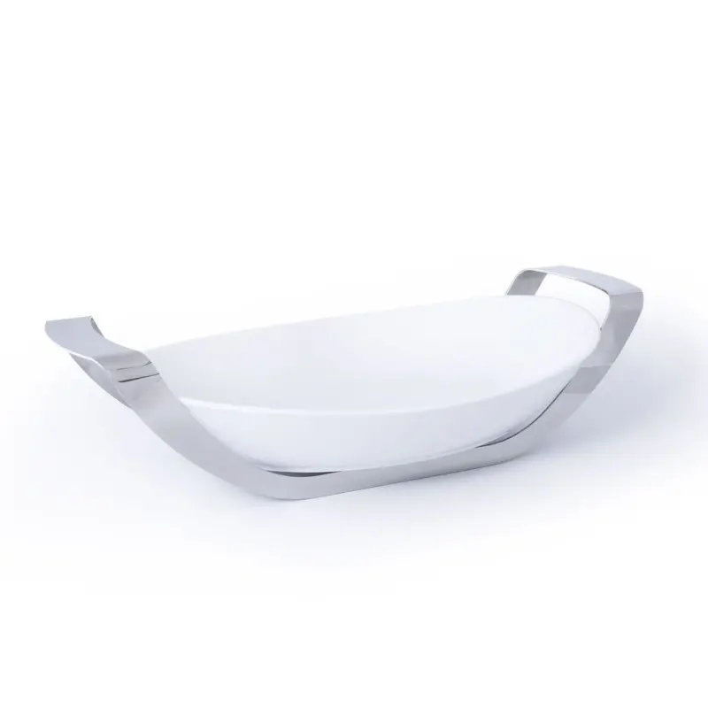 Polished Black Oval Porcelain Dish With Stainless Steel Holder - 35 X 25.5 H: 6.5 cm Polished Black Oval Porcelain Dish With Stainless Steel Holder - 35 X 25.5 H: 6.5 cm