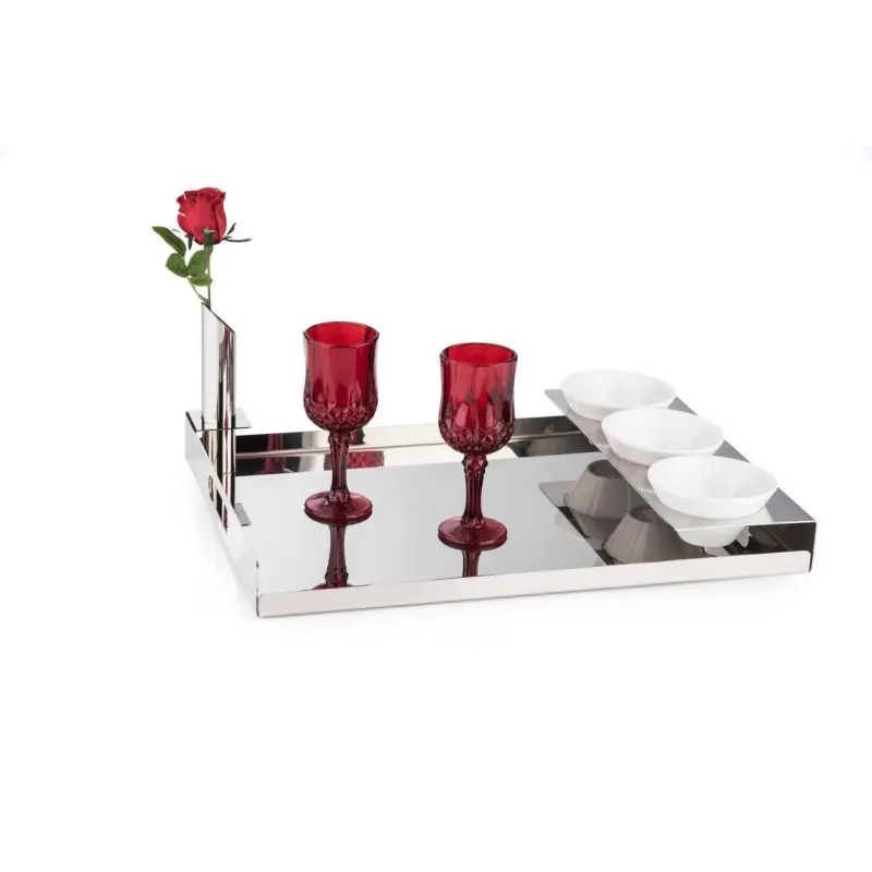 Gold Plated Tray With 3 Porcelain Dishes and 1 Flower Vase - 46 x 33 cm H: 4 cm Gold Plated Tray With 3 Porcelain Dishes and 1 Flower Vase - 46 x 33 cm H: 4 cm