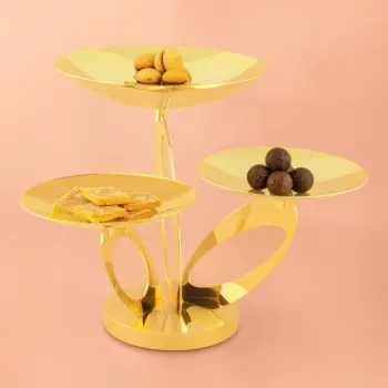 Gold Plated Rotating Stand With 3 Rounded Plates - 46 cm H: 33 cm