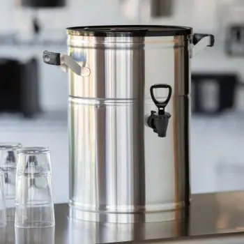 Service Ideas Round Tea Dispenser 3 Gallon Stainless Steel With BK2 Base