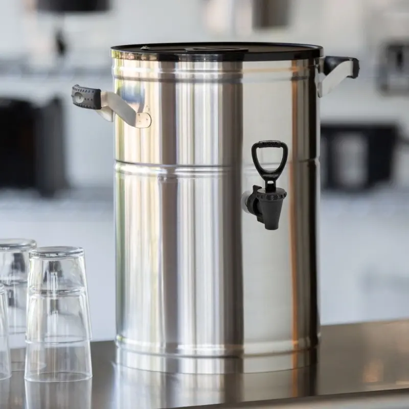 Service Ideas Round Tea Dispenser 3 Gallon Stainless Steel With BK2 Base