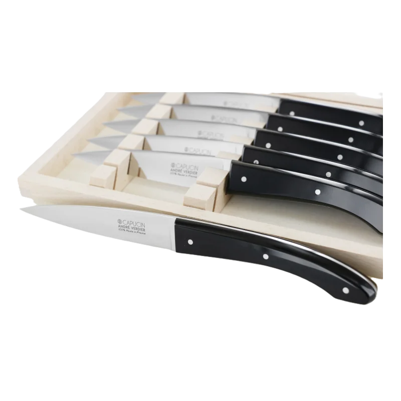 Andre Verdier Capucin 6 Pcs Knife - Plain Edge In Closed Box - Black Acrylic Handle