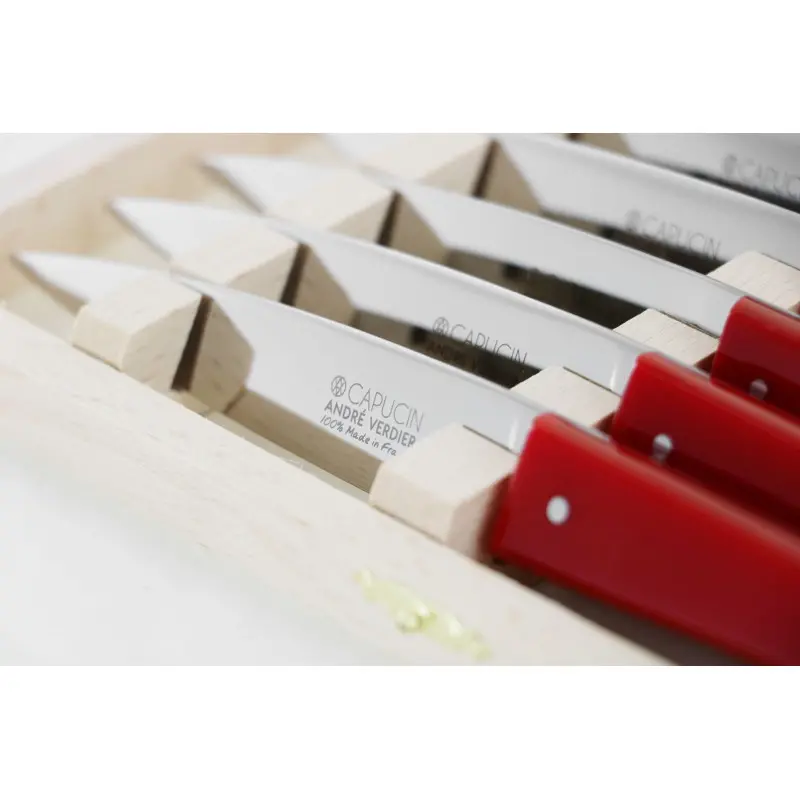 Andre Verdier Capucin 6 Pcs Knife - Plain Edge In Closed Box - Red Acrylic Handle