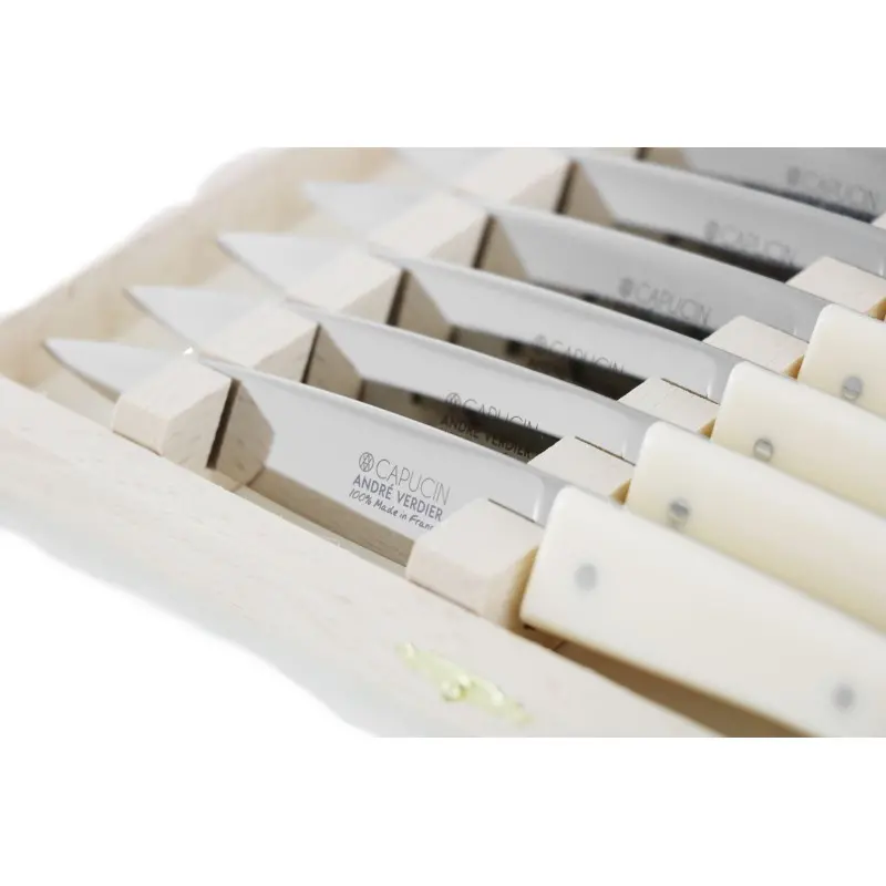 Andre Verdier Capucin 6 Pcs Knife - Plain Edge In Closed Box - Off-White Acrylic Handle Andre Verdier Capucin 6 Pcs Knife - Plain Edge In Closed Box - Off-White Acrylic Handle