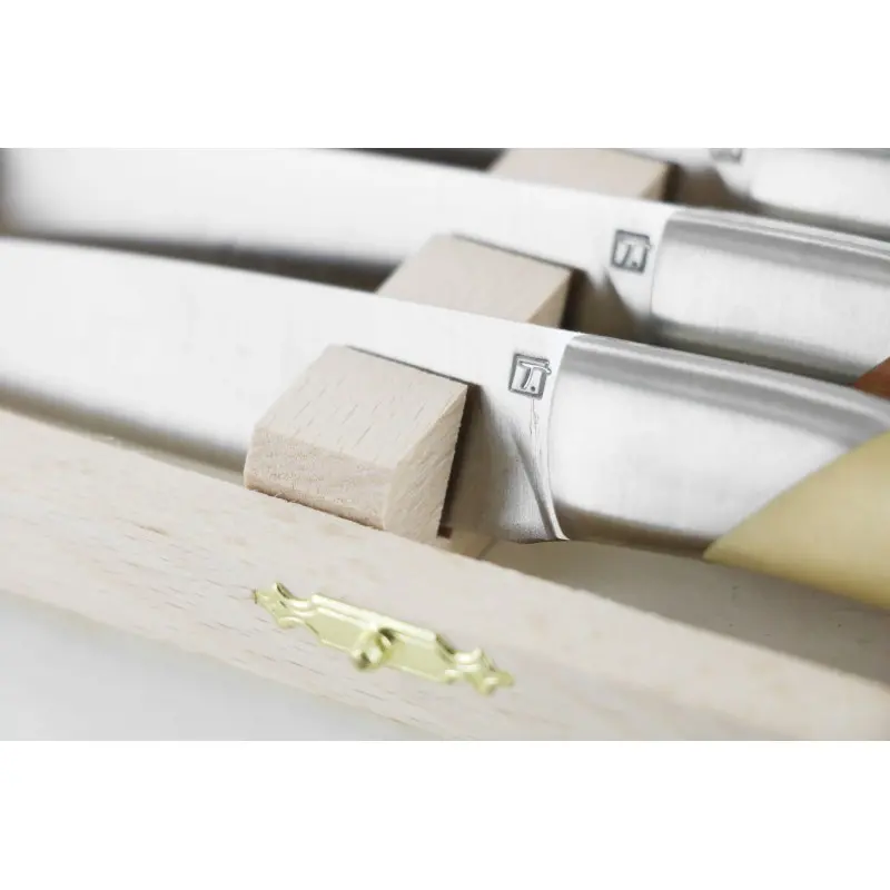 Andre Verdier Le Thiers Elegance 6Pc Knife - 1 Solid Stainless Steel Bolster In Box - Wood Set Handle Andre Verdier Le Thiers Elegance 6Pc Knife - 1 Solid Stainless Steel Bolster In Box - Wood Set Handle