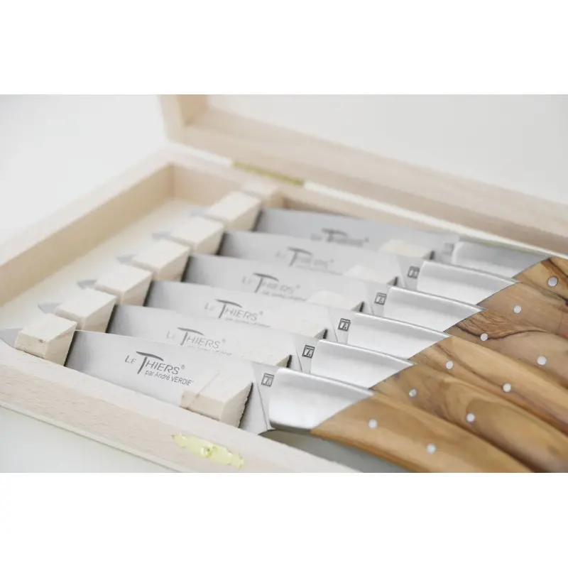 Andre Verdier Le Thiers Elegance 6Pc Knife - 1 Solid Stainless Steel Bolster In Box - Olive Wood Handle