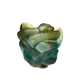 Daum Glass Sculpture Green & Grey Snake Vase by Snake 8.7'' x 8.7'' x 8.7''