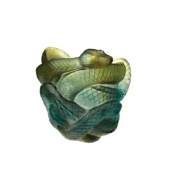 Daum Glass Sculpture Green & Grey Snake Vase by Snake 8.7'' x 8.7'' x 8.7''