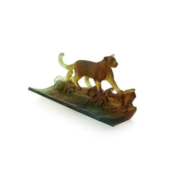 Daum Glass Sculpture Amber Green Pencil Holder by Leopard 5.1'' x 10.2'' x 4.9''