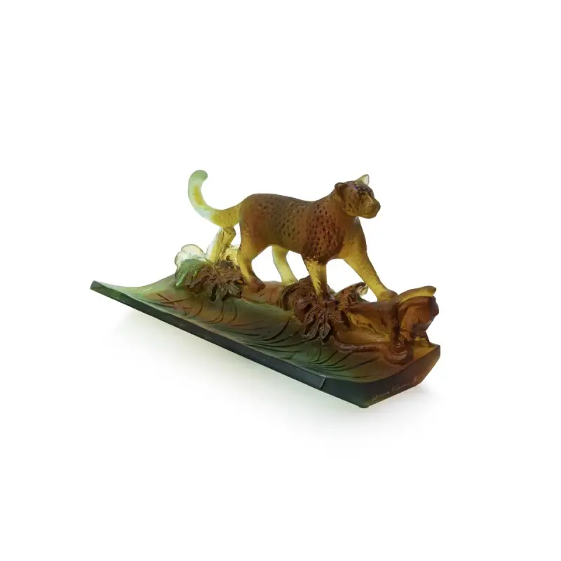 Daum Glass Sculpture Amber Green Pencil Holder by Leopard 5.1'' x 10.2'' x 4.9''