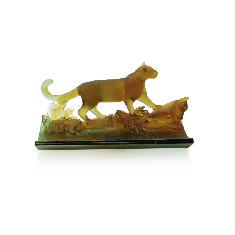 Daum Glass Sculpture Amber Green Pencil Holder by Leopard 5.1'' x 10.2'' x 4.9''