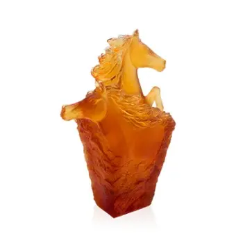 Daum Glass Sculpture Cavalcade Amber Pencil Holder by Cavalcade - Horse Vase 6.9'' x 5.1'' x 3.1''