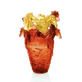Daum Glass Sculpture Amber Horse Magnum Vase 3 Gilded Heads by Cavalcade - Horse Vase 19.7'' x 15.7'' x 15.7''