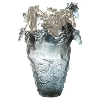 Daum Glass Sculpture Grey Blue Horse magnum vase, 3 silvered heads by Cavalcade - Horse Vase 19.7'' x 15.7'' x 15.7''