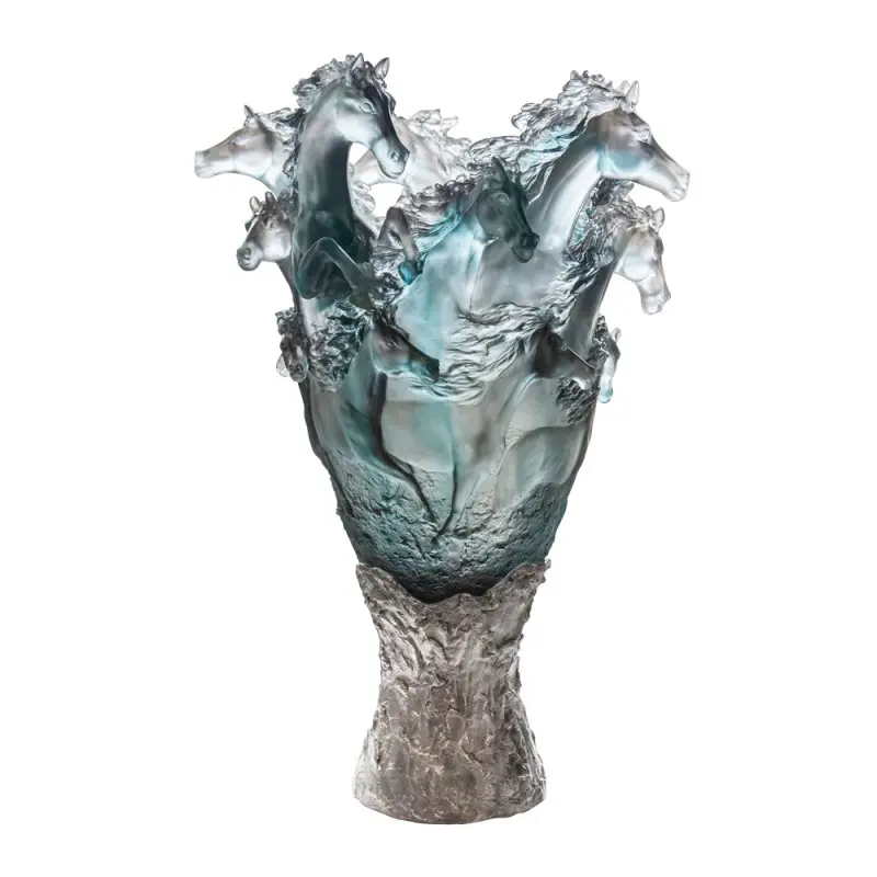 Daum Glass Sculpture Cavalcade Blue Grey Prestige Vase by Cavalcade - Horse Vase 33.9'' x 22.4'' x 22.4''