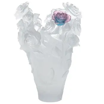 Daum Glass Sculpture White Magnum Vase & Green Pink Flower by Rose Passion 20.9'' x 15.7'' x 15.7''