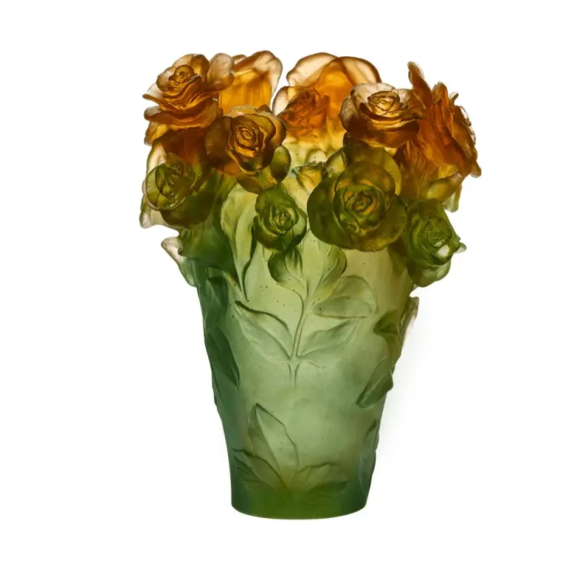 Daum Glass Sculpture Green & Orange Vase by Rose Passion 13.8'' x 9.8'' x 9.8'' Daum Glass Sculpture Green & Orange Vase by Rose Passion 13.8'' x 9.8'' x 9.8''