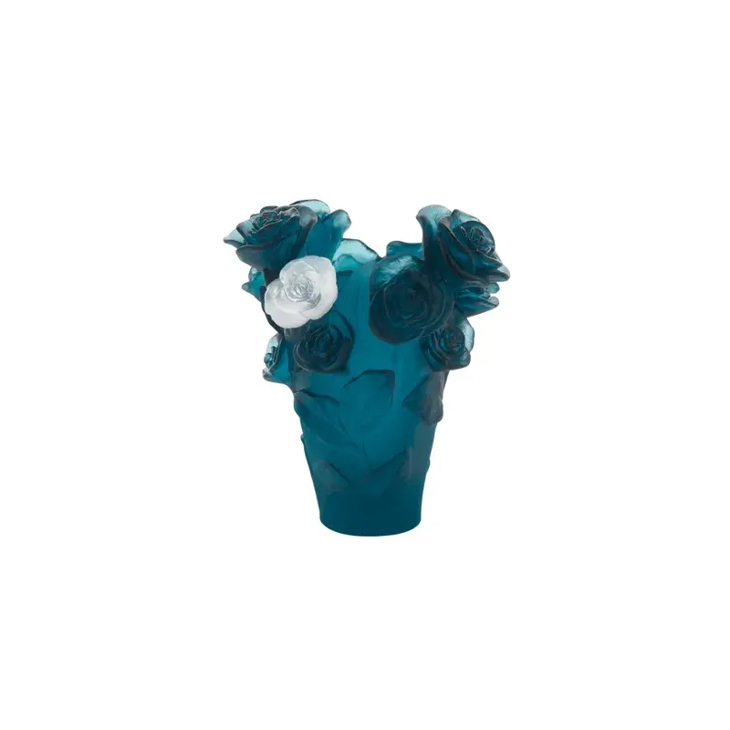 Daum Glass Sculpture Small Blue Vase & White rose by Rose Passion 6.7'' x 5.7'' x 5.7''