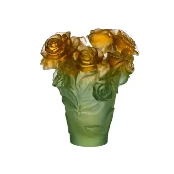 Daum Glass Sculpture Green & Orange Vase by Rose Passion 6.7'' x 5.7'' x 5.7''