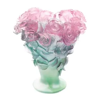 Daum Glass Sculpture Pink Vase by Roses 11.8'' x 11.2'' x 11.2''
