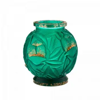 Daum Glass Sculpture Large Green Gilded Vase by Empreinte 13.4'' x 11.8'' x 11.8''