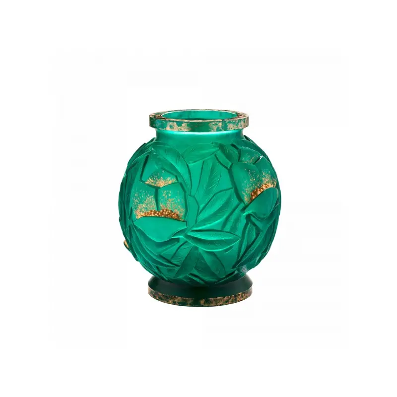 Daum Glass Sculpture Large Green Gilded Vase by Empreinte 13.4'' x 11.8'' x 11.8''
