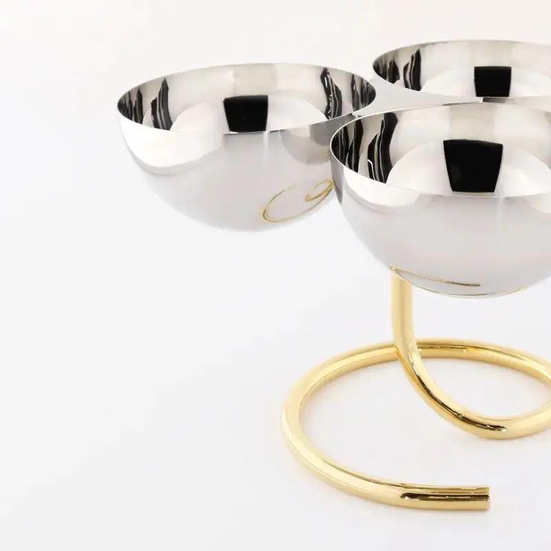Designer Gold and Stainless Steel Rondelli Triple Snack / Fruit Holder