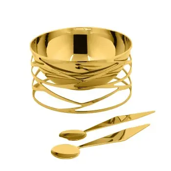 Designer Golden Plated Stainless Steel Trama Salad Bowl with Servers 3L