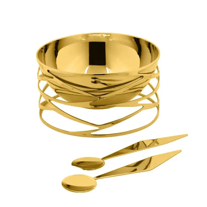 Designer Golden Plated Stainless Steel Trama Salad Bowl with Servers 3L