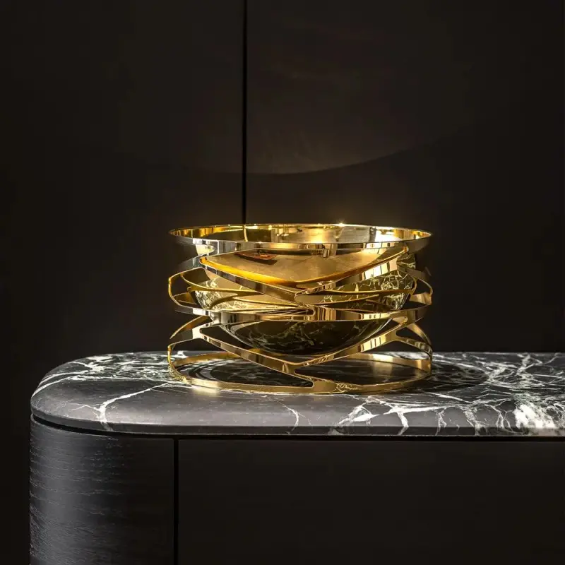 Designer Golden Plated Stainless Steel Trama Salad Bowl with Servers 3L