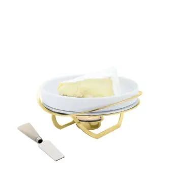 Designer Golden Plated Stainless Steel Linea Small Brie Cheese Rechaud with Knife