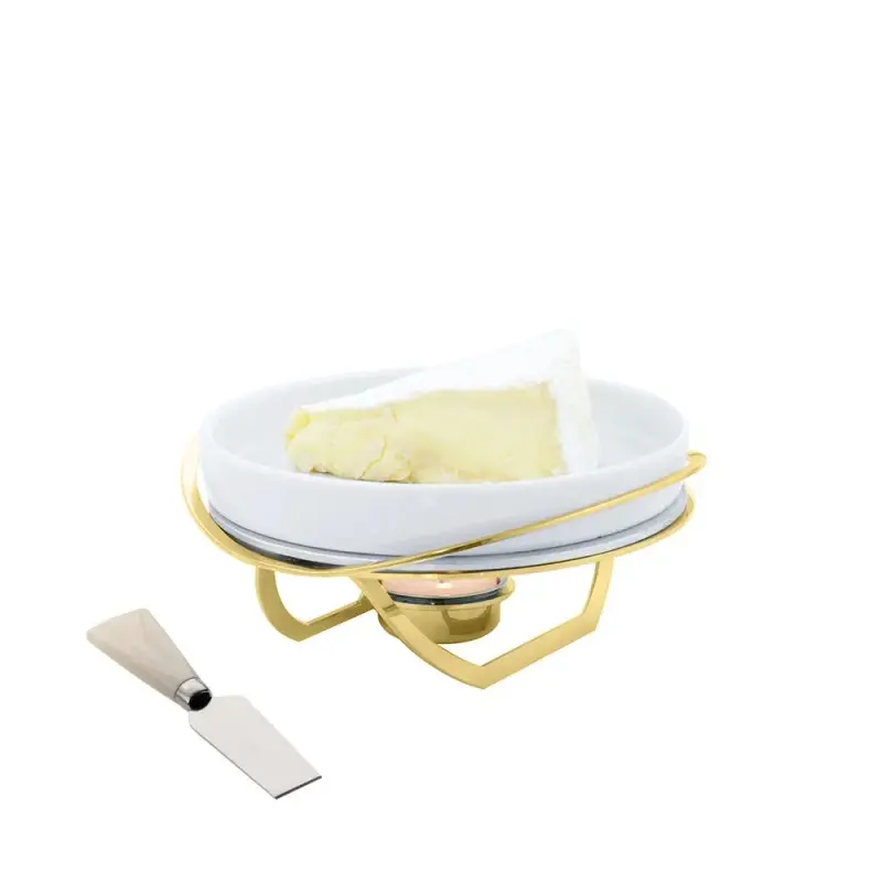 Designer Golden Plated Stainless Steel Linea Small Brie Cheese Rechaud with Knife Designer Golden Plated Stainless Steel Linea Small Brie Cheese Rechaud with Knife