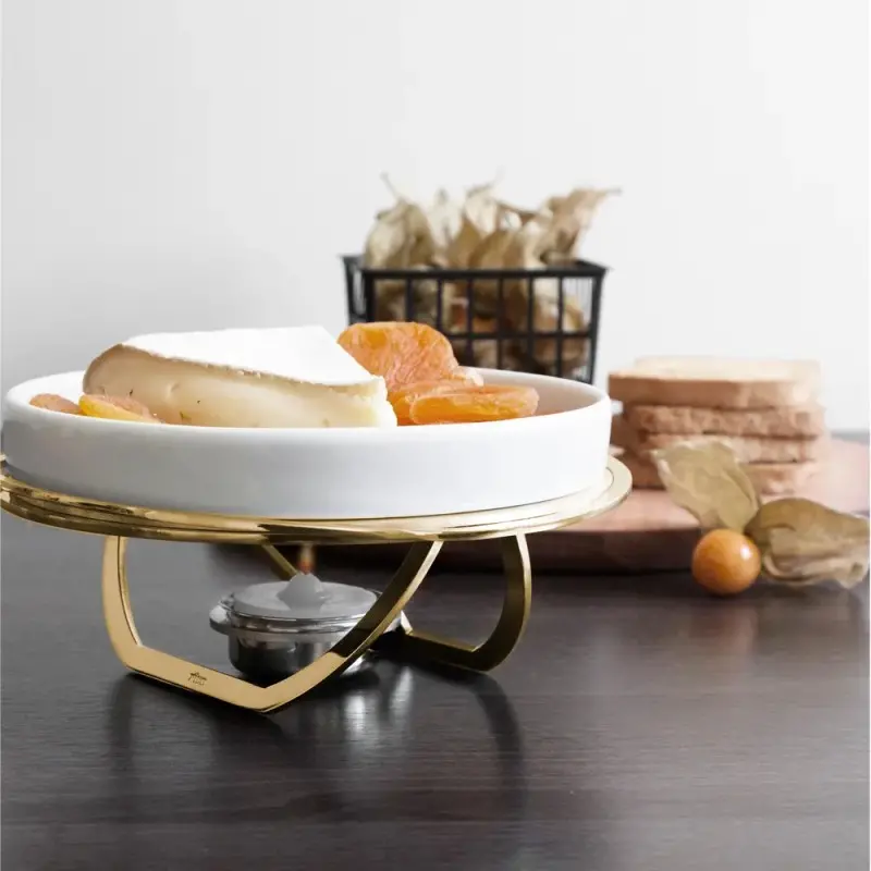 Designer Golden Plated Stainless Steel Linea Small Brie Cheese Rechaud with Knife Designer Golden Plated Stainless Steel Linea Small Brie Cheese Rechaud with Knife