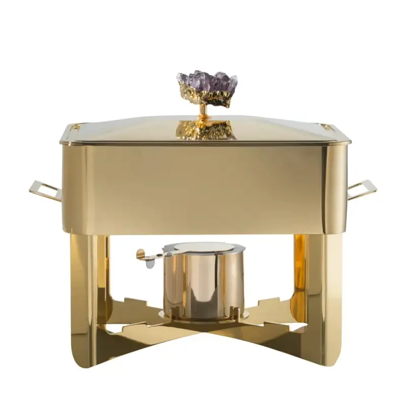 Designer Golden Plated Stainless Steel Riad Medium Double Boiler Rechaud with Stone 1 Porcelain 4L