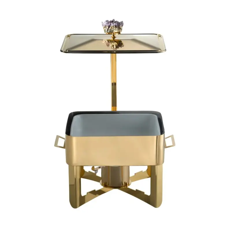 Designer Golden Plated Stainless Steel Riad Medium Double Boiler Rechaud with Stone 1 Porcelain 4L