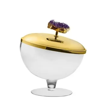 Designer Golden Plated Stainless Steel Dessert Bowl with Amethyst Stone