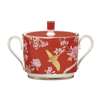 Narumi Flat Rim Collection Queen's Garden Red Sugar Bowl With Cover 250cc - Set of 12