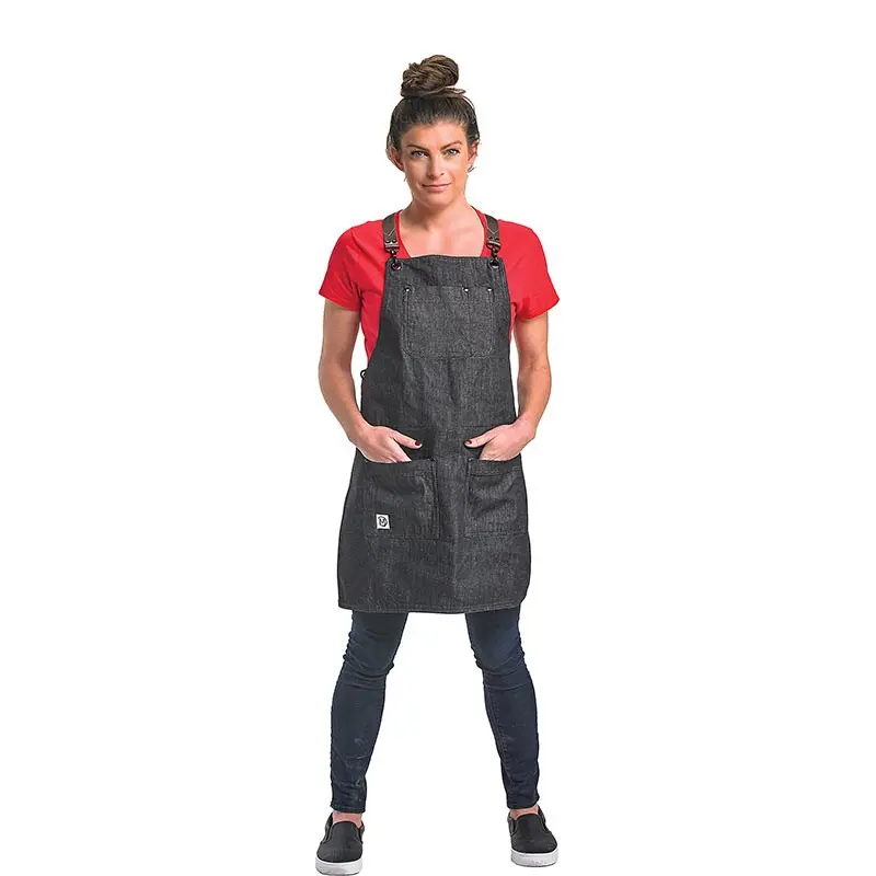 Mercer Culinary Renegade Bib Apron - Black Denim with Brown Leather Straps Mercer Culinary Renegade Bib Apron - Black Denim with Brown Leather Straps